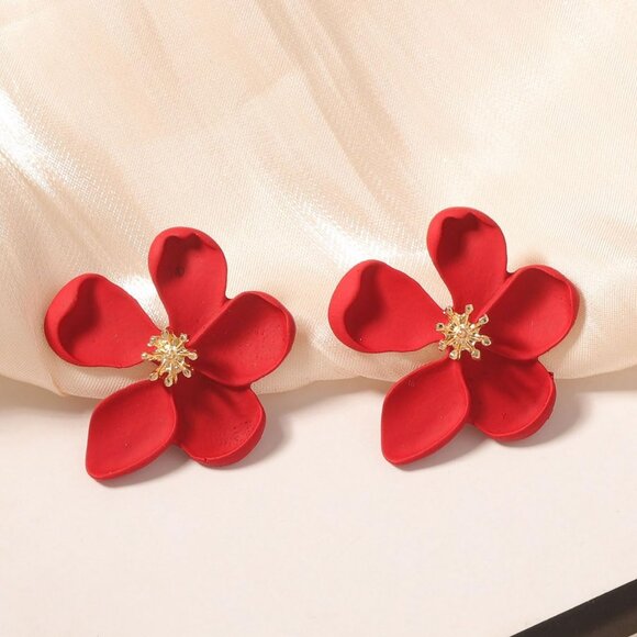 Women's Red Beauty Cute Flower Shape Statement Boho Dainty Stud Earrings - Picture 6 of 7